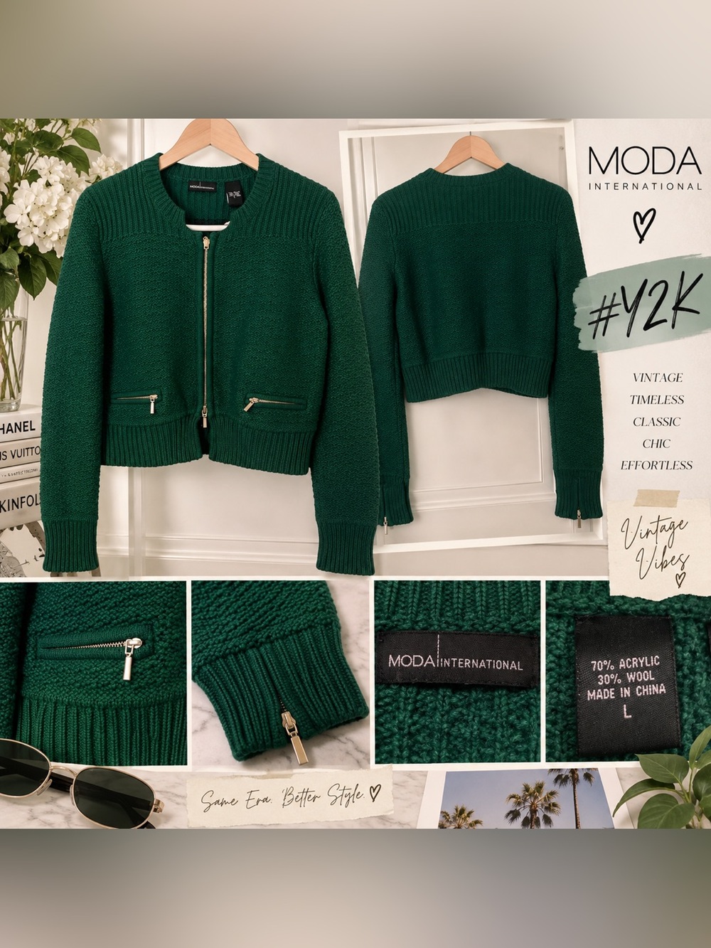 VTG SZ L VS Moda International Women's Forest Green Zip-Front Knit Sweater